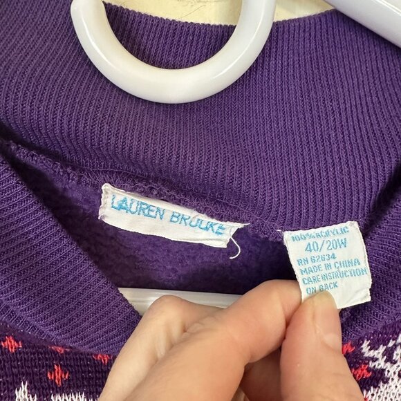 Vtg Womens Holiday Sweatshirt Purple Reindeer 1980s Holiday Sweater Pullover - Picture 2 of 6